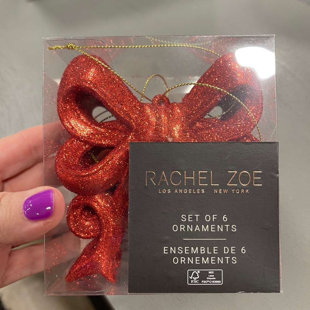 Christmas Red Glitter Ribbon Bow Tree Ornaments Set of 6 Rachel Zoe NWT